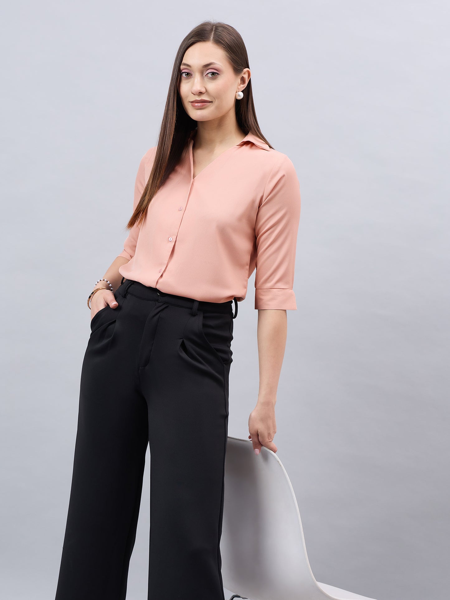 Style Quotient Women Nude Solid Polymoss Regular Formal Shirt