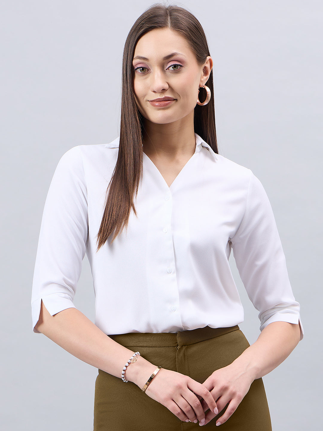Style Quotient Women White Solid Polymoss Regular Formal Shirt