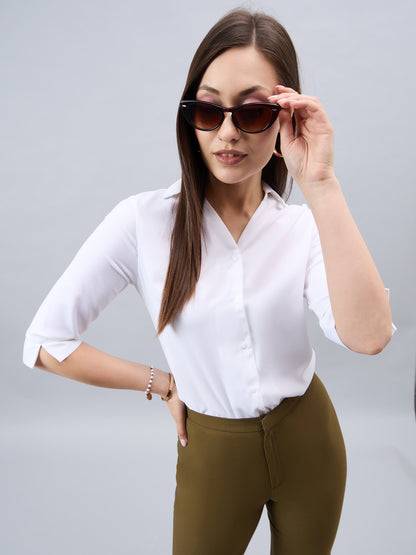 Style Quotient Women White Solid Polymoss Regular Formal Shirt