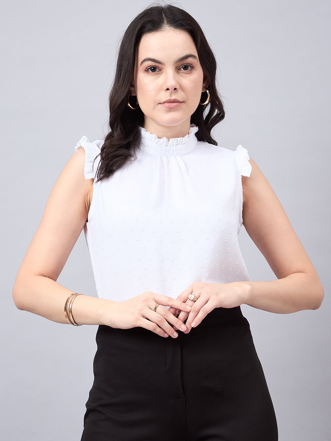 Style Quotient Women Self Design White Swiss Dot Regular Fit Formal Top