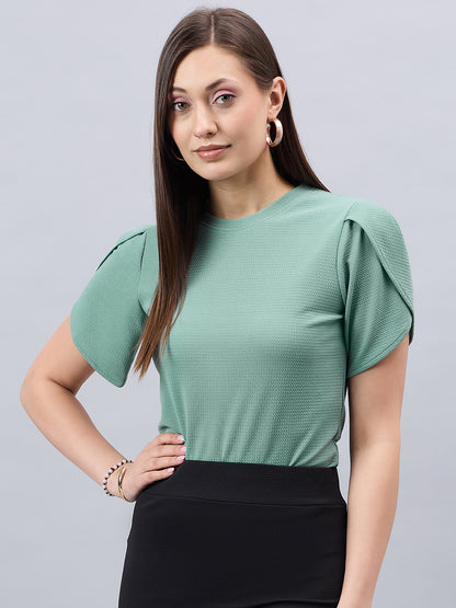 Style Quotient Women Solid Sage Green Poly Knit Smart Casual Regular Tulip Sleeve Top