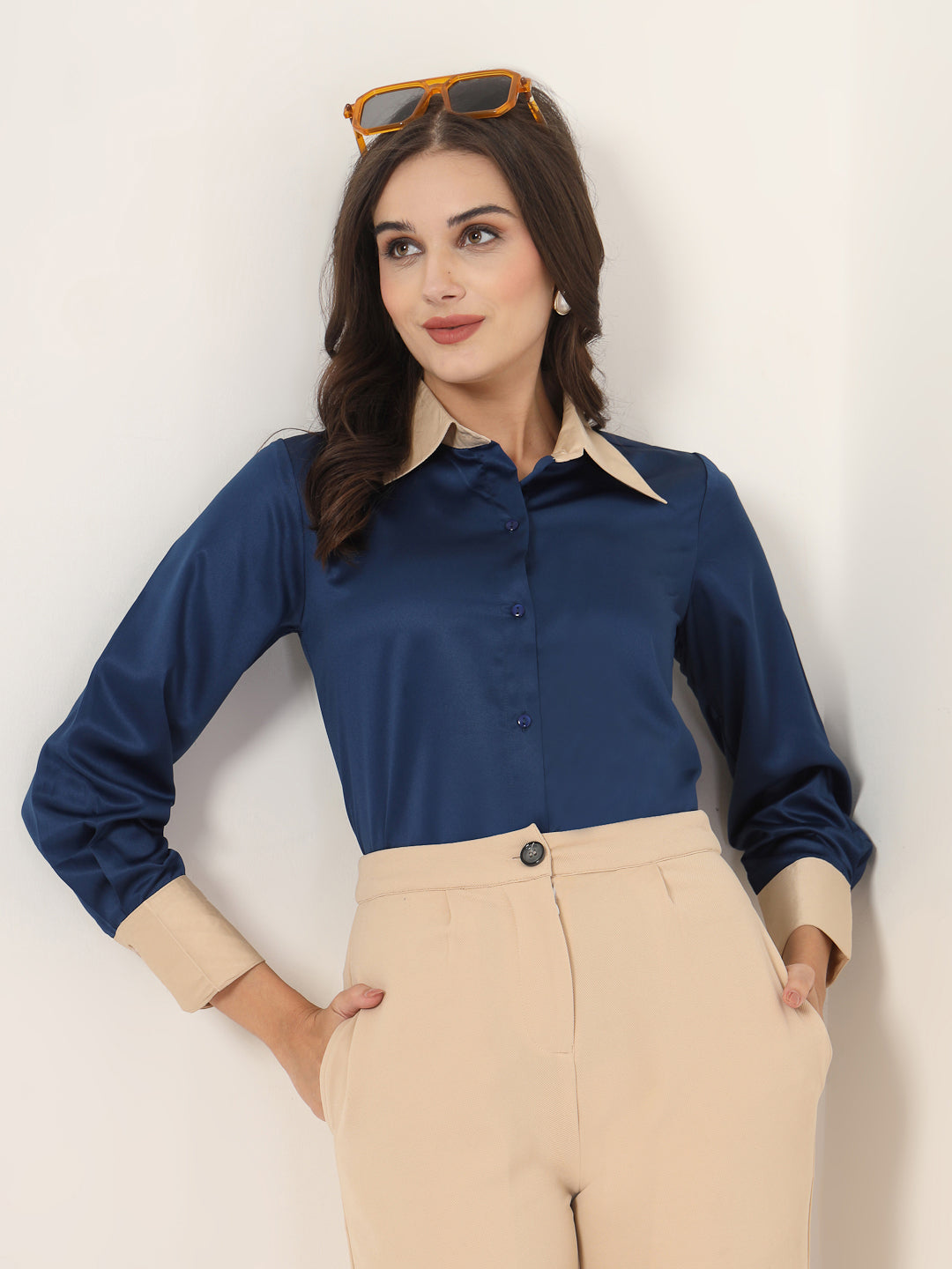 Style Quotient Women Navy And Champagne ColorBlock Satin Regular Fit Semi Formal Shirt