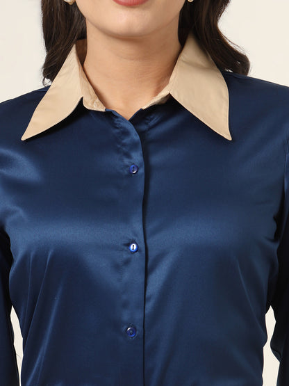 Style Quotient Women Navy And Champagne ColorBlock Satin Regular Fit Semi Formal Shirt