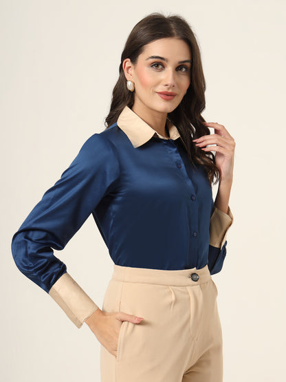 Style Quotient Women Navy And Champagne ColorBlock Satin Regular Fit Semi Formal Shirt