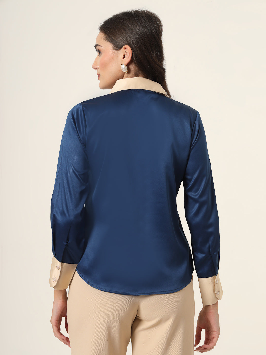 Style Quotient Women Navy And Champagne ColorBlock Satin Regular Fit Semi Formal Shirt