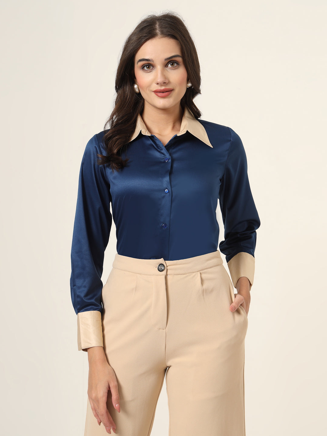 Style Quotient Women Navy And Champagne ColorBlock Satin Regular Fit Semi Formal Shirt