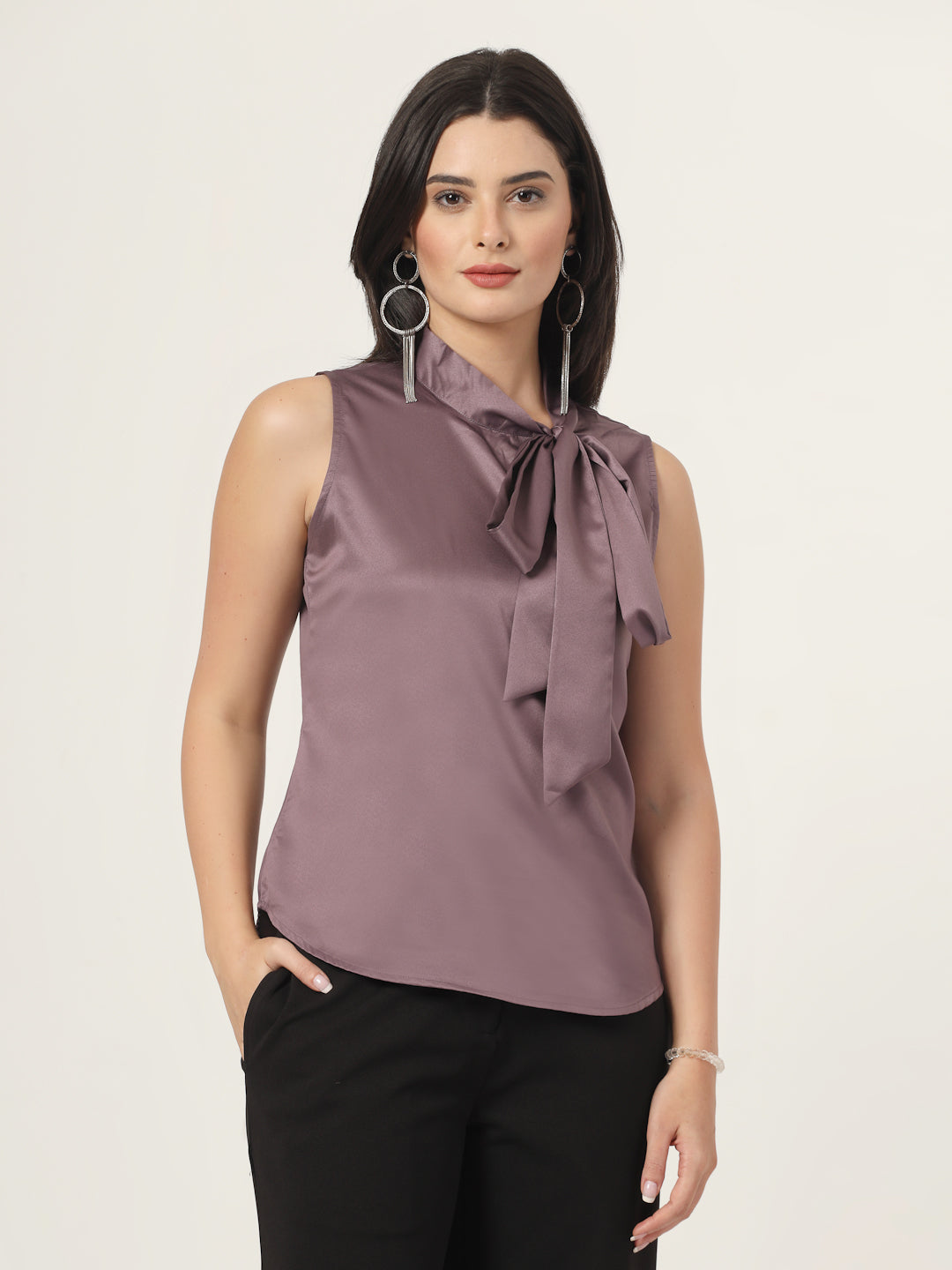 Style Quotient Women Solid Mauve Regular Fit Formal Satin Top