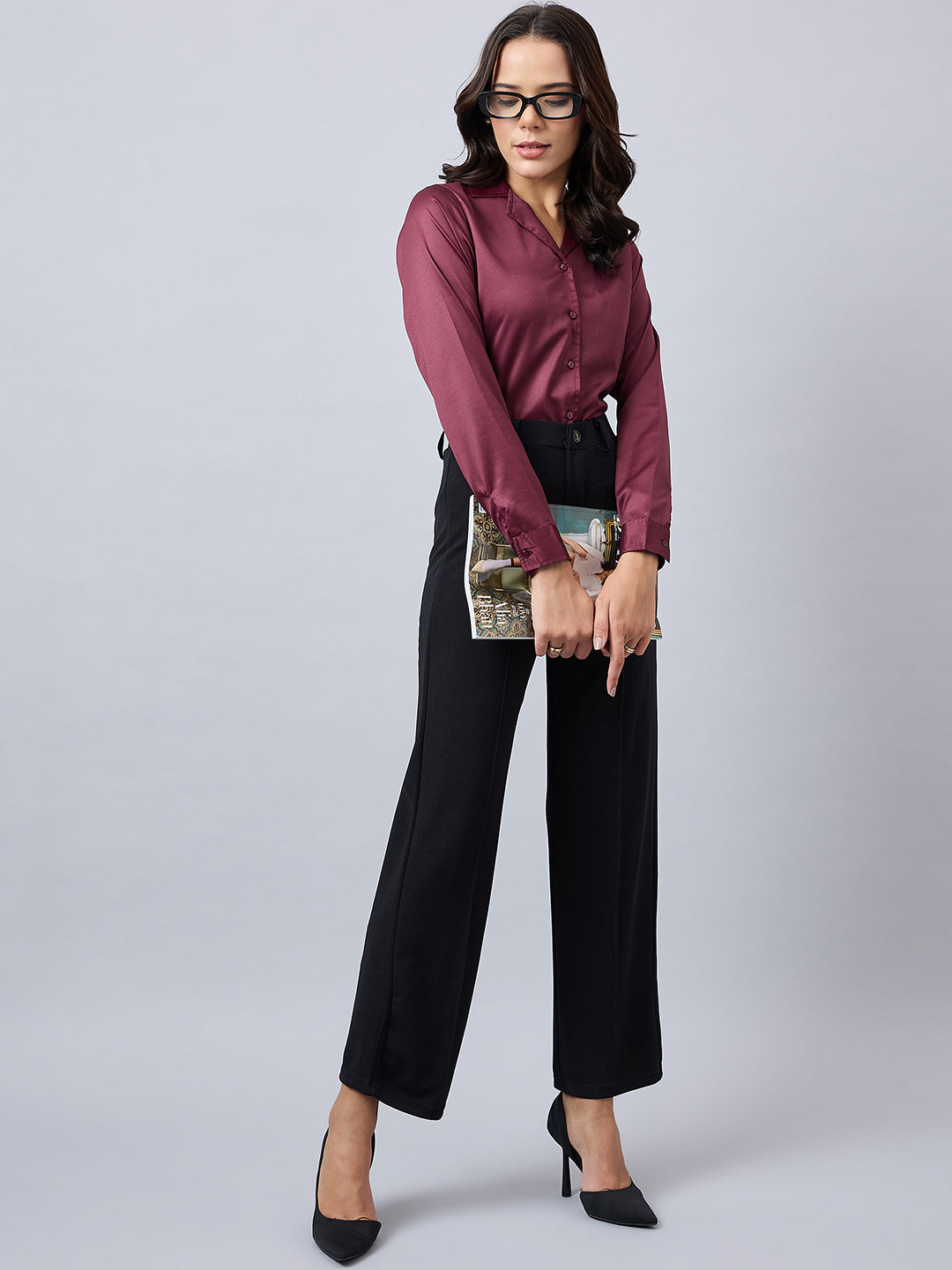 Style Quotient Women Maroon Satin Regular Fit Semi Formal Shirt