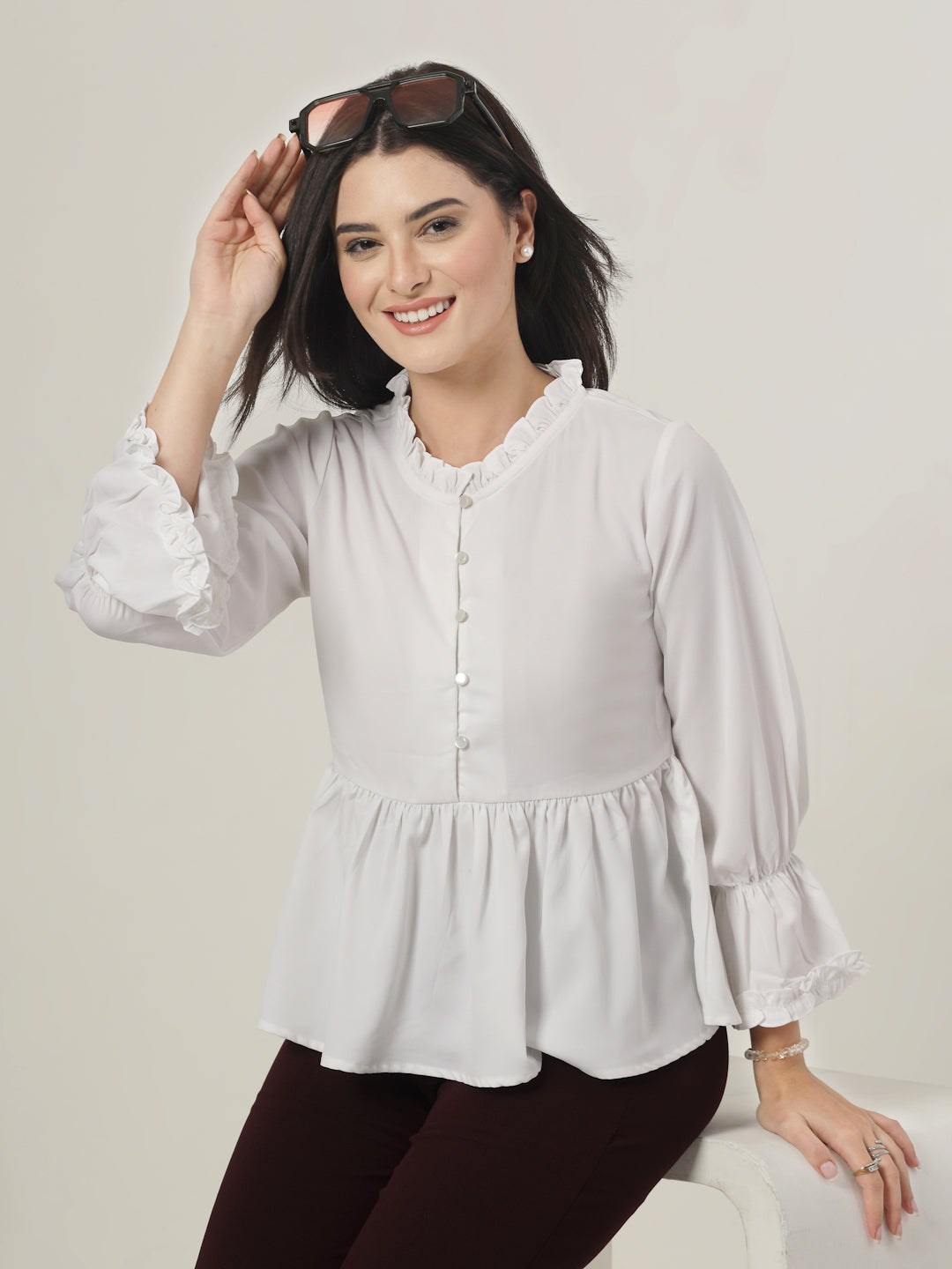 Style Quotient Women Solid White Polymoss Regular Fit Smart Casual Top