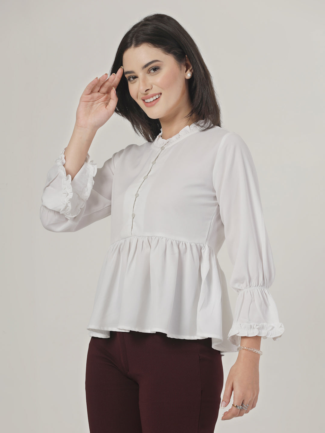 Style Quotient Women Solid White Polymoss Regular Fit Smart Casual Top