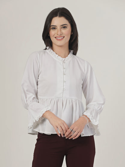 Style Quotient Women Solid White Polymoss Regular Fit Smart Casual Top