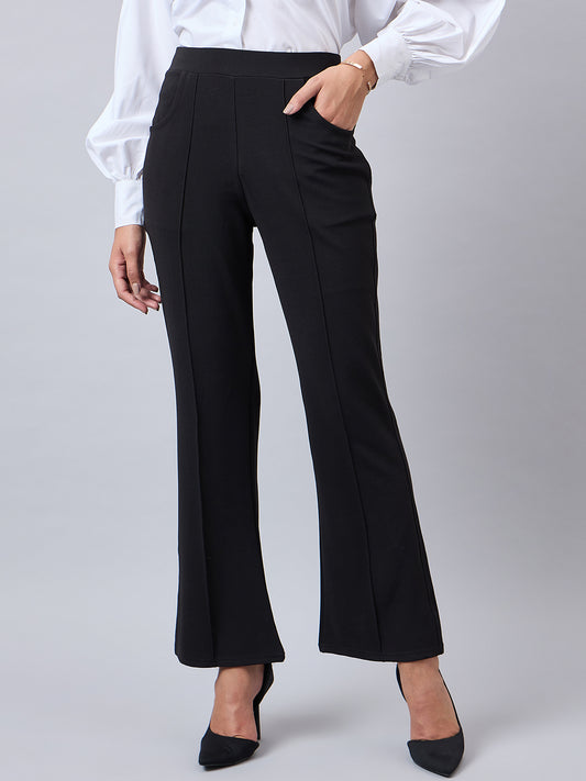 Style Quotient Women Solid Black Self Design Polyester Formal Trouser