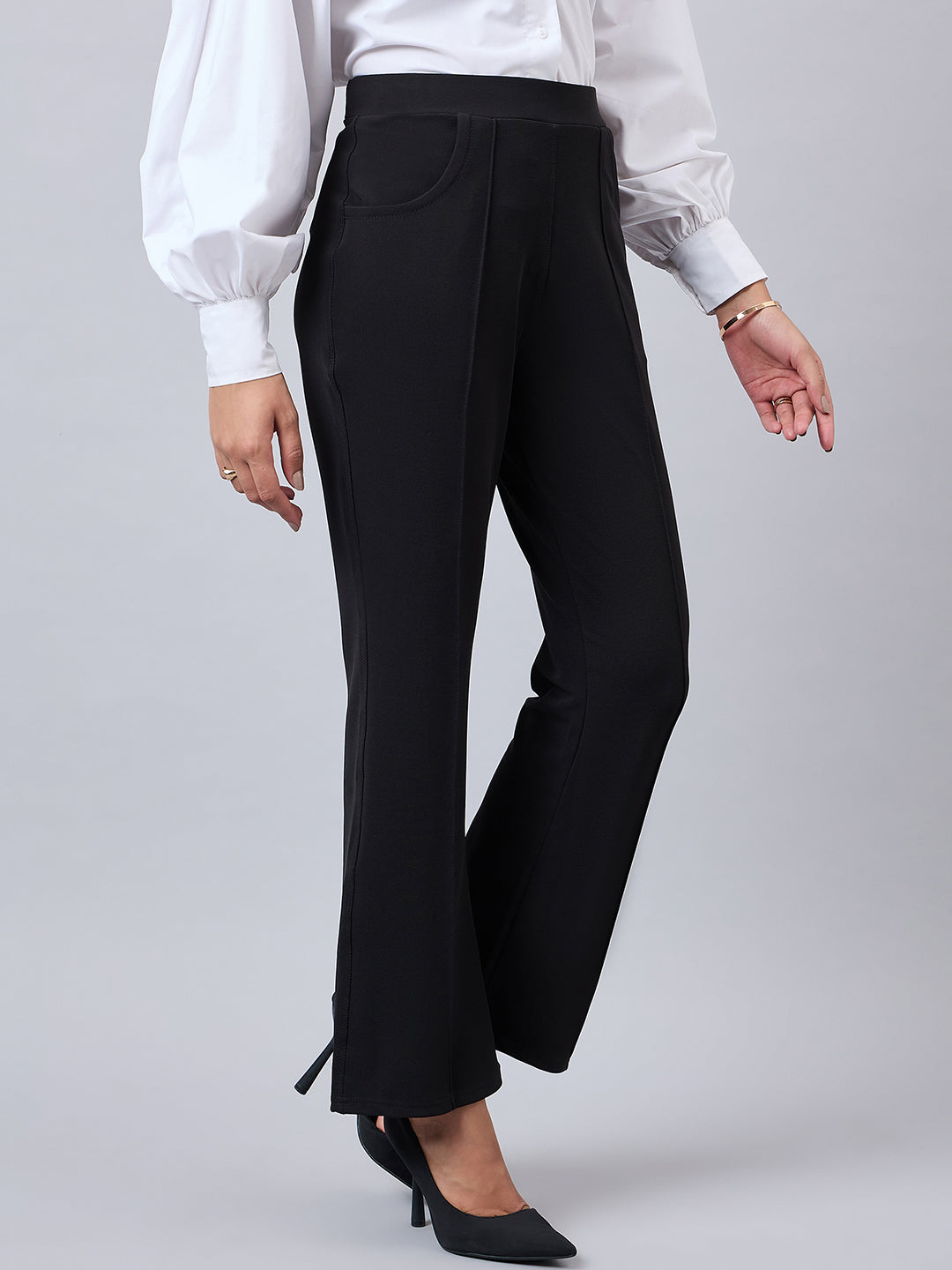 Style Quotient Women Solid Black Self Design Polyester Formal Trouser