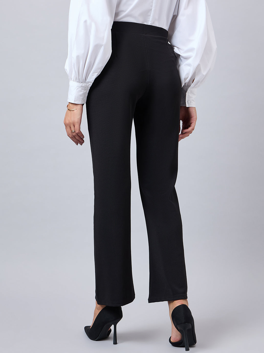 Style Quotient Women Solid Black Self Design Polyester Formal Trouser