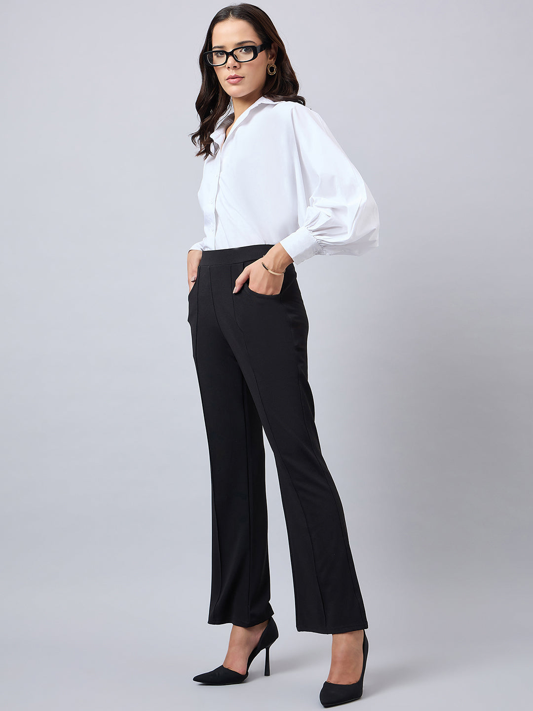 Style Quotient Women Solid Black Self Design Polyester Formal Trouser