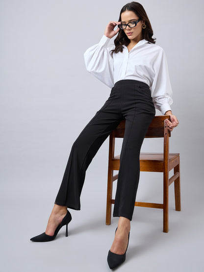 Style Quotient Women Solid Black Self Design Polyester Formal Trouser