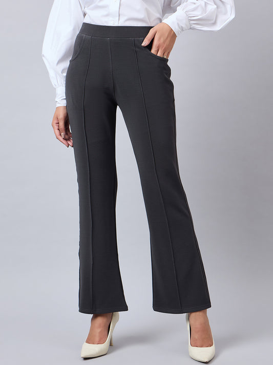 Style Quotient Women Solid Grey Self Design Polyester Formal Trouser