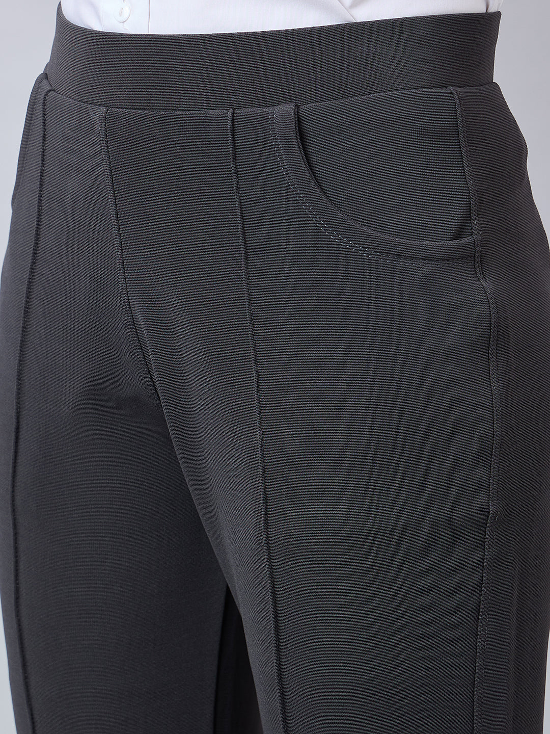 Style Quotient Women Solid Grey Self Design Polyester Formal Trouser