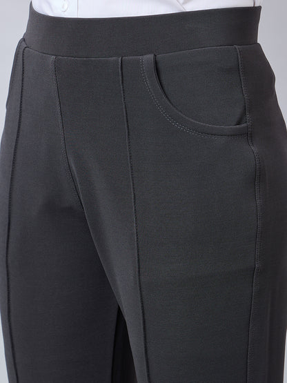 Style Quotient Women Solid Grey Self Design Polyester Formal Trouser