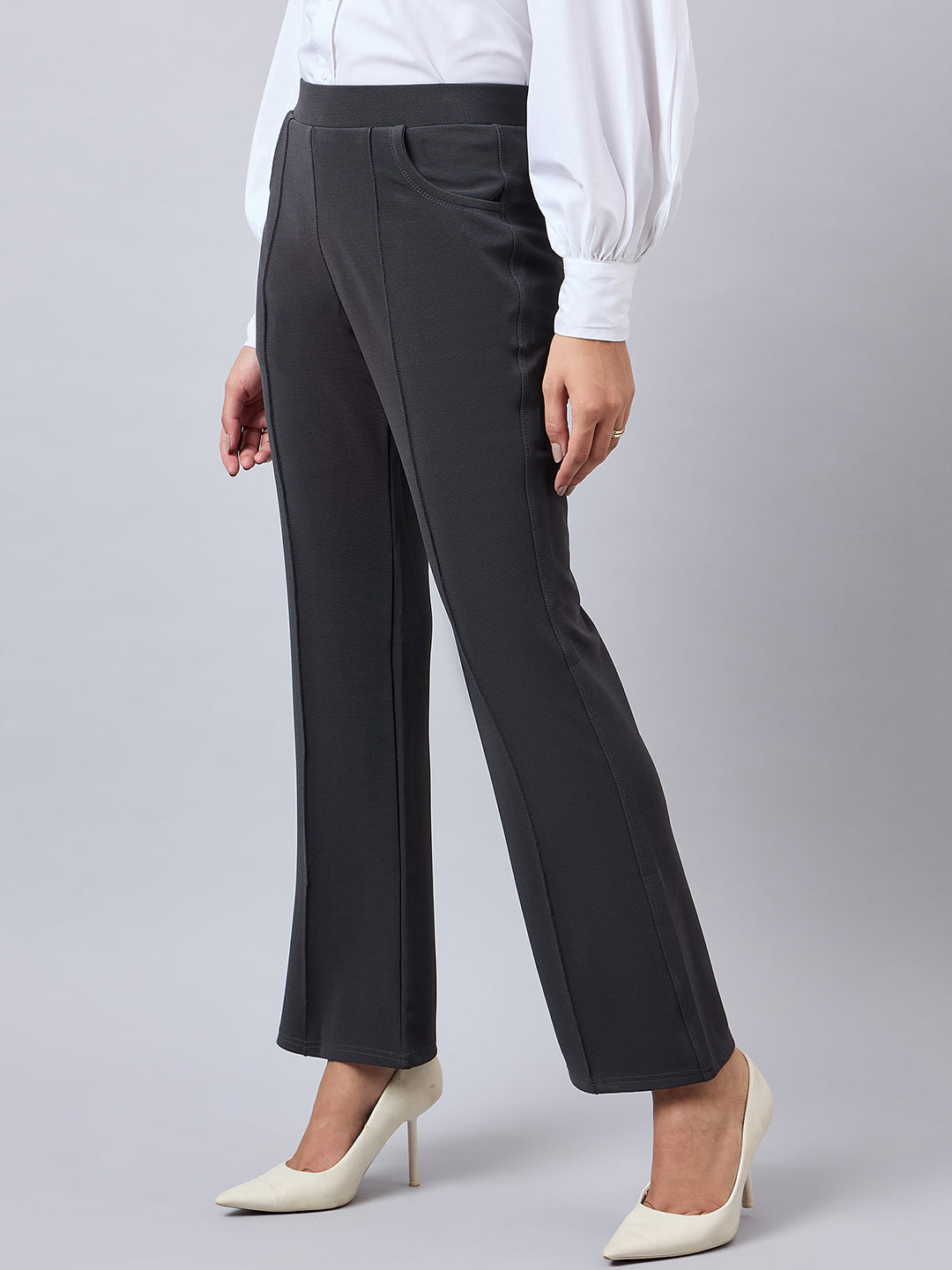 Style Quotient Women Solid Grey Self Design Polyester Formal Trouser