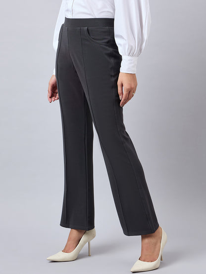 Style Quotient Women Solid Grey Self Design Polyester Formal Trouser