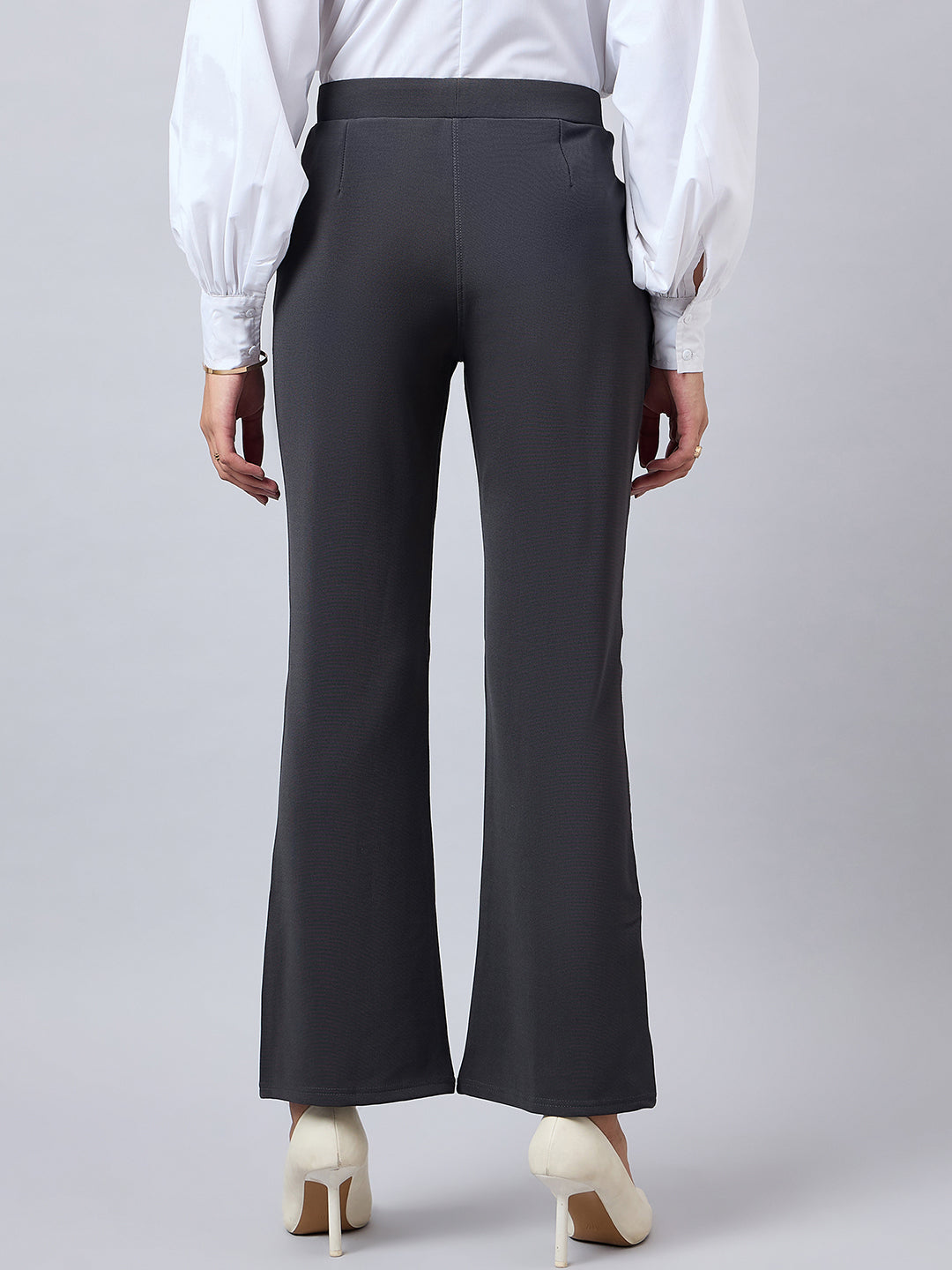 Style Quotient Women Solid Grey Self Design Polyester Formal Trouser