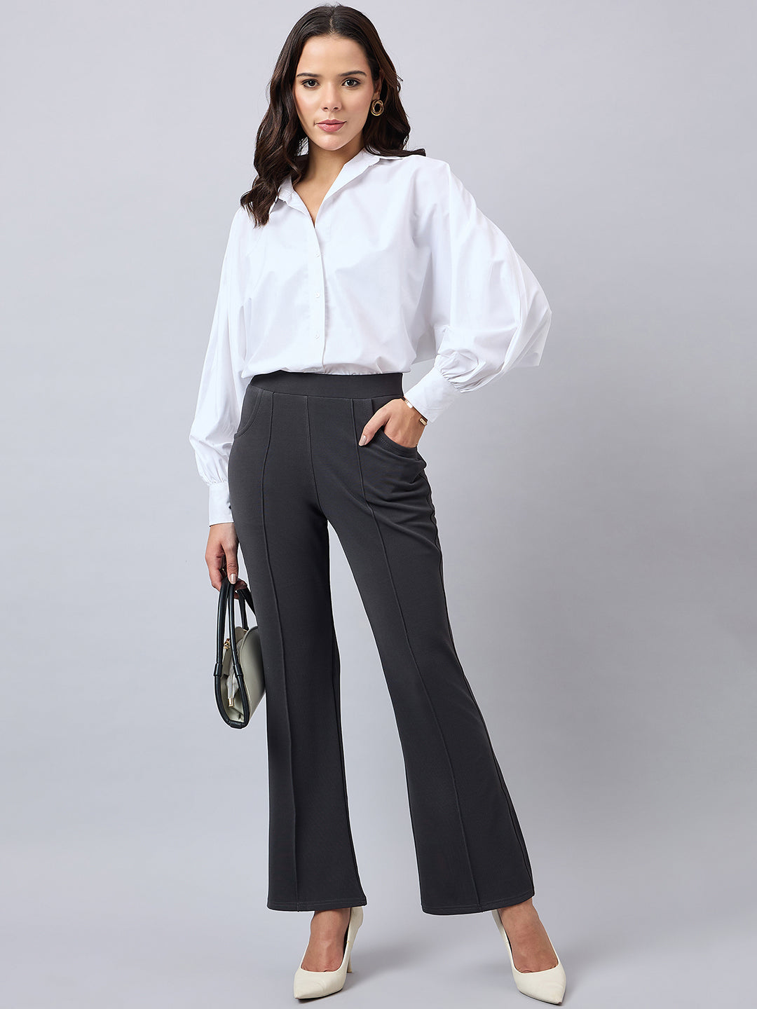 Style Quotient Women Solid Grey Self Design Polyester Formal Trouser