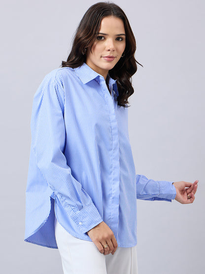 Style Quotient Women Solid Blue And White Smart Casual Oversized Polycotton Shirt