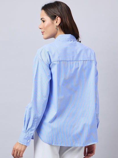 Style Quotient Women Solid Blue And White Smart Casual Oversized Polycotton Shirt