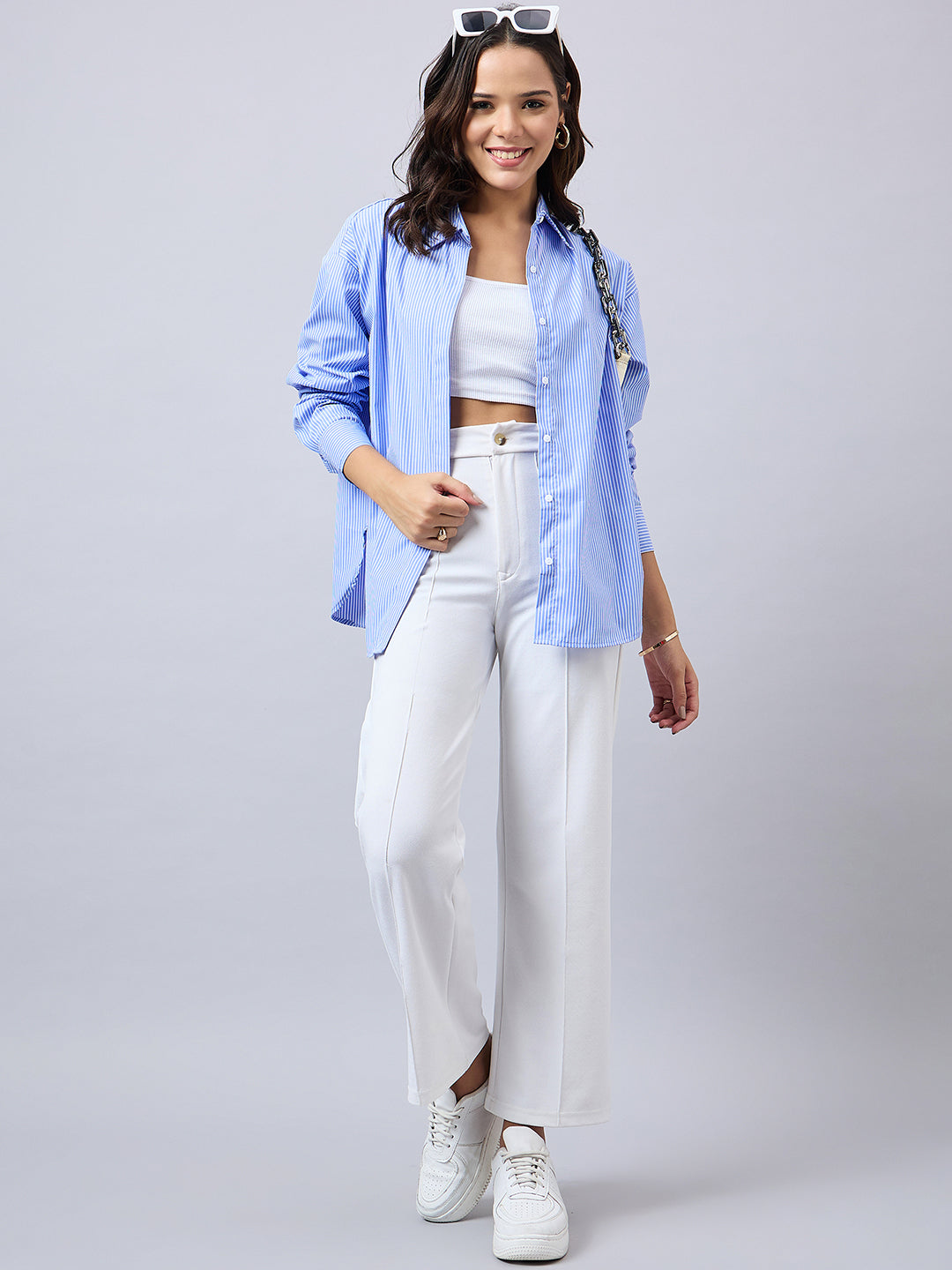 Style Quotient Women Solid Blue And White Smart Casual Oversized Polycotton Shirt