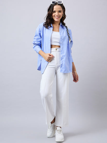 Style Quotient Women Solid Blue And White Smart Casual Oversized Polycotton Shirt