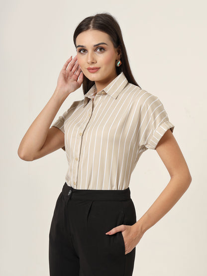 Style Quotient Women Beige And White Stripe Printed Polyester  Regular Fit Formal Shirt