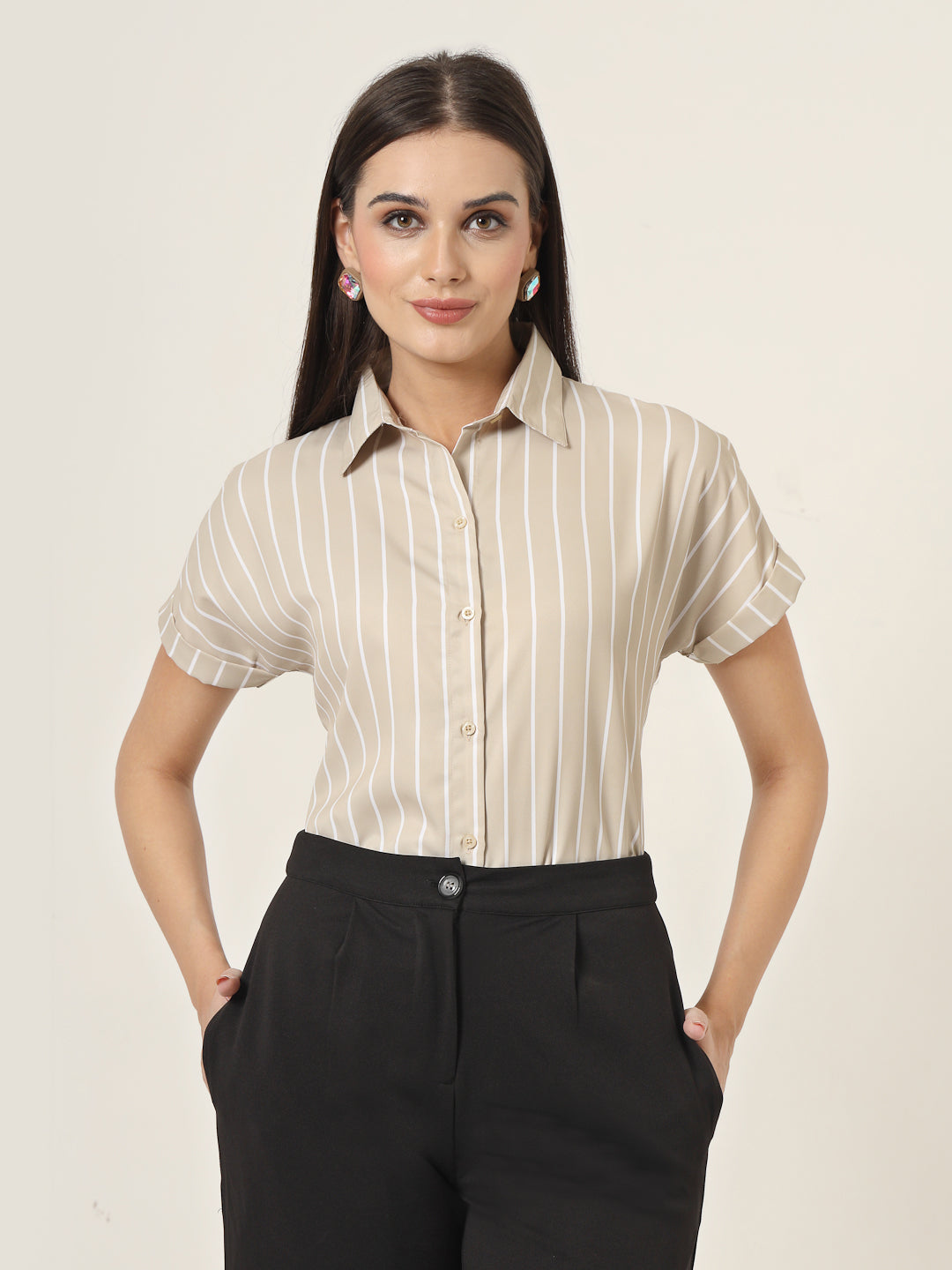 Style Quotient Women Beige And White Stripe Printed Polyester  Regular Fit Formal Shirt