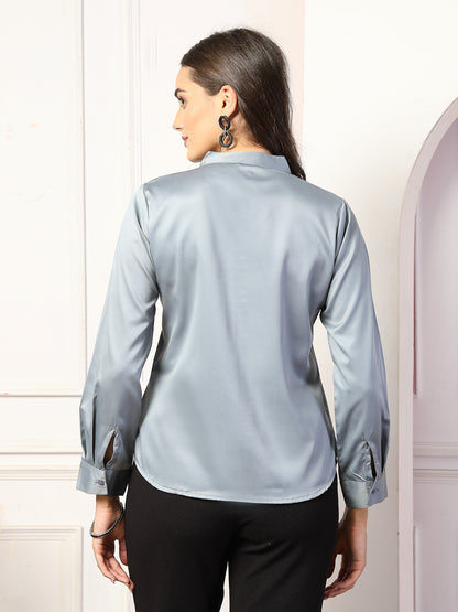 Style Quotient women Solid Satin Band Collar with Full Sleeve Top