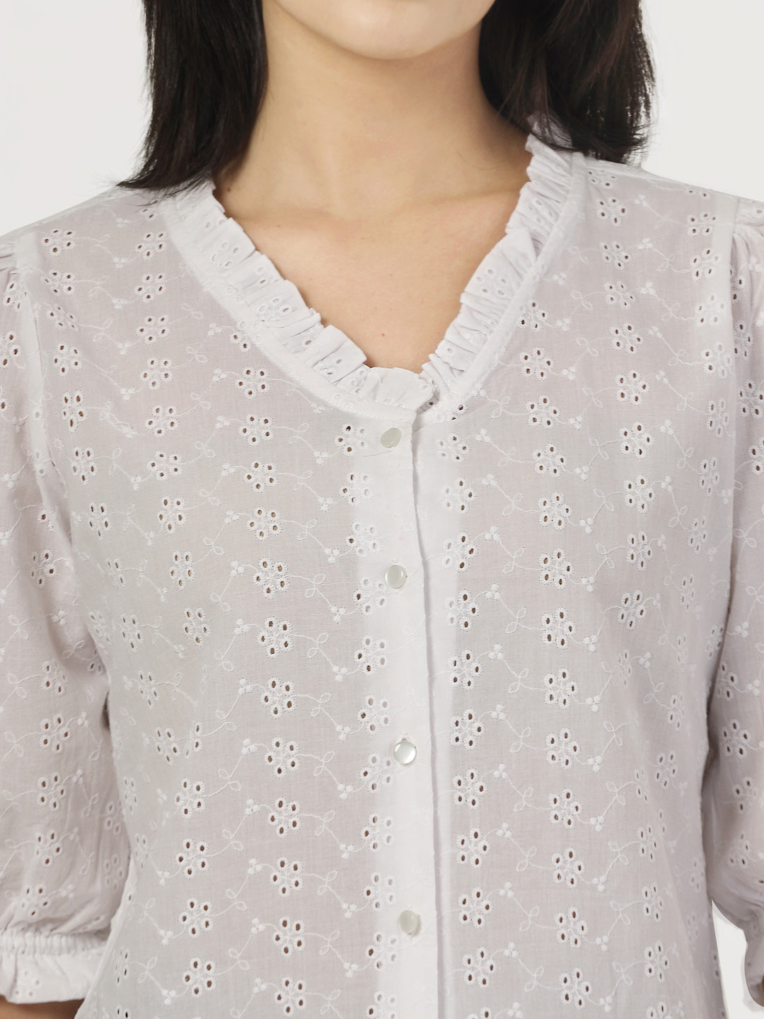 Style Quotient Women White Textured White Frill Shirt