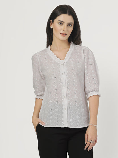 Style Quotient Women White Textured White Frill Shirt