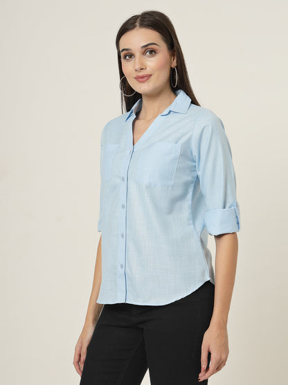 Style Quotient Women Blue Solid Double Pocket Shirt