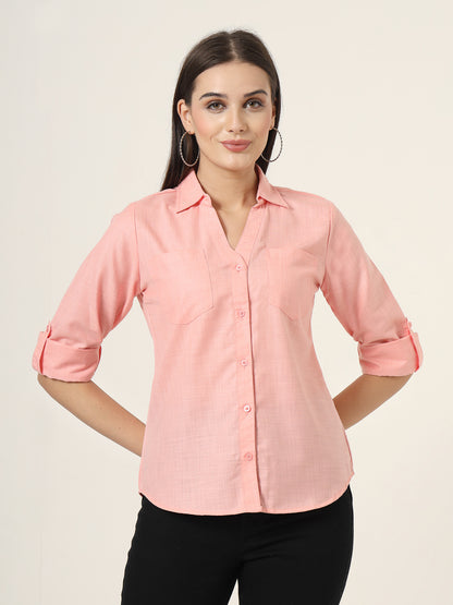 Style Quotient Women Peach Solid Double Pocket Shirt