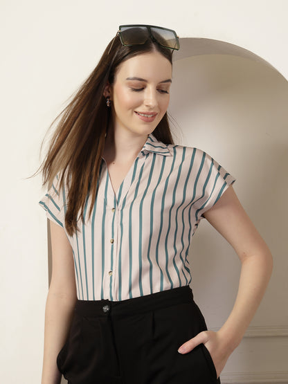 Style Quotient Women Beige And Teal Polycrepe  Regular Fit Formal Shirt