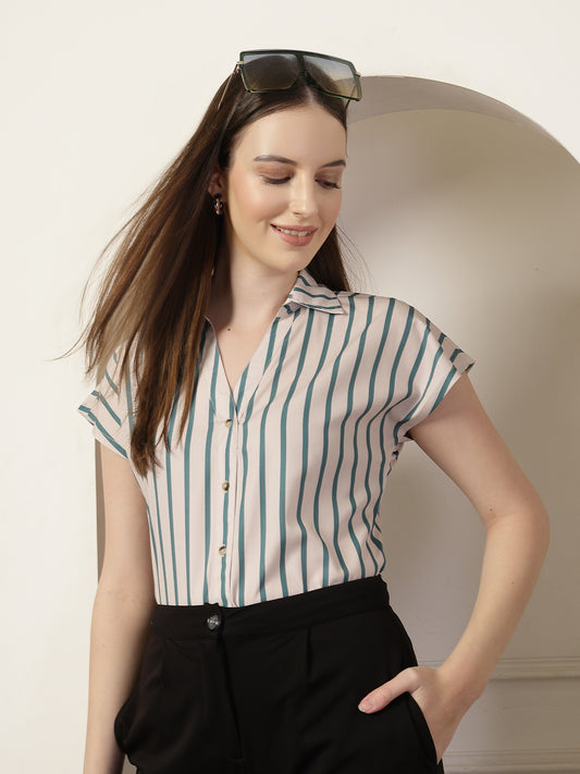 Style Quotient Women Beige And Teal Polycrepe  Regular Fit Formal Shirt