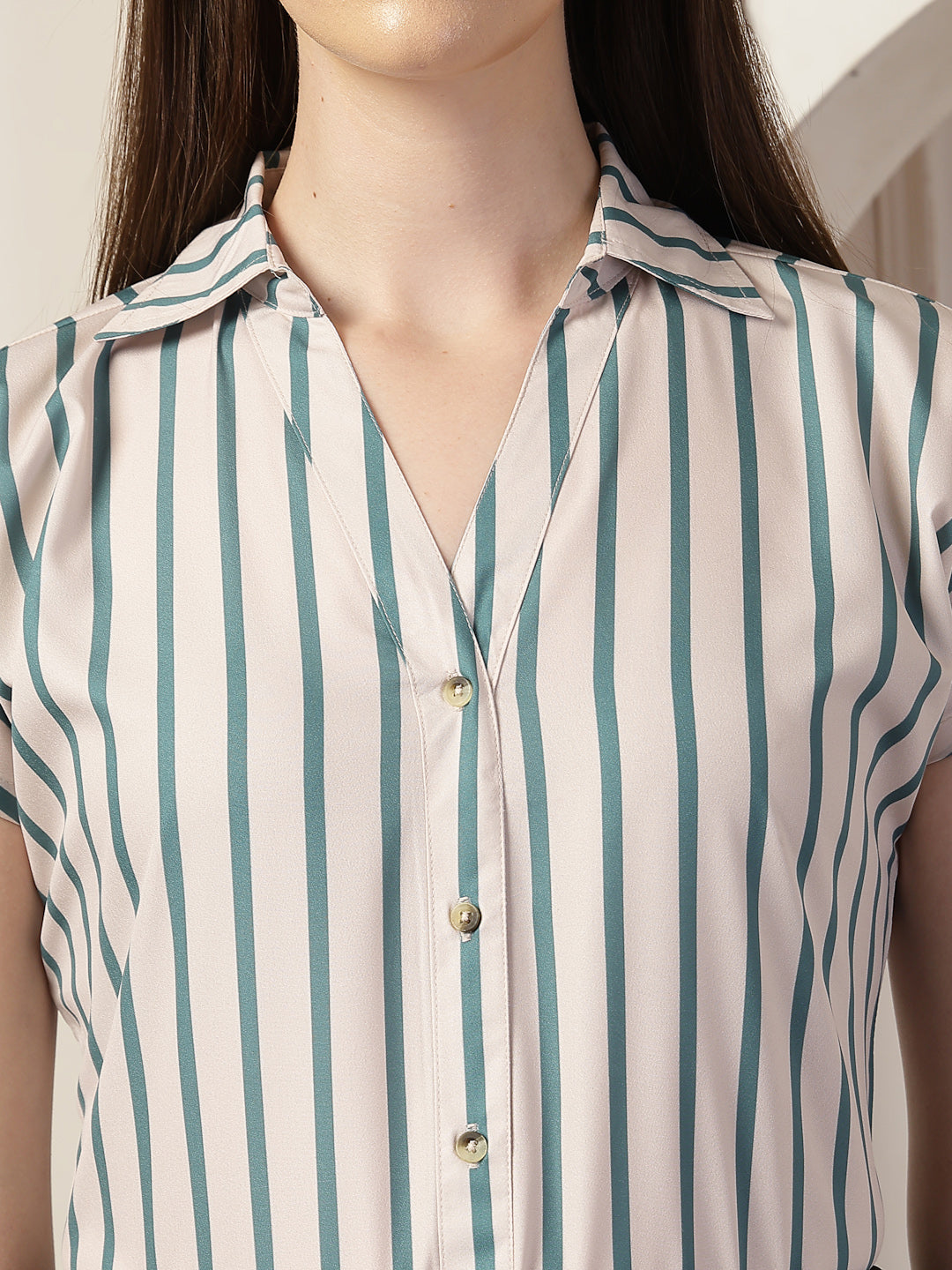 Style Quotient Women Beige And Teal Polycrepe  Regular Fit Formal Shirt