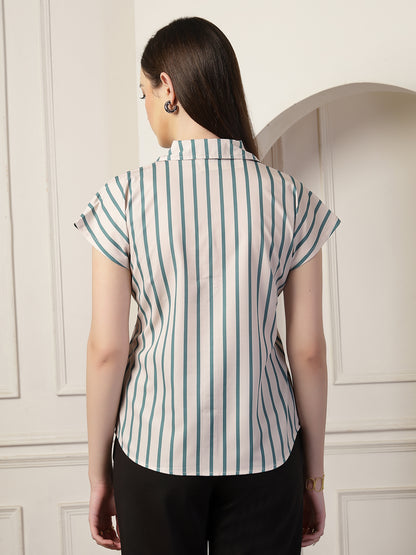 Style Quotient Women Beige And Teal Polycrepe  Regular Fit Formal Shirt