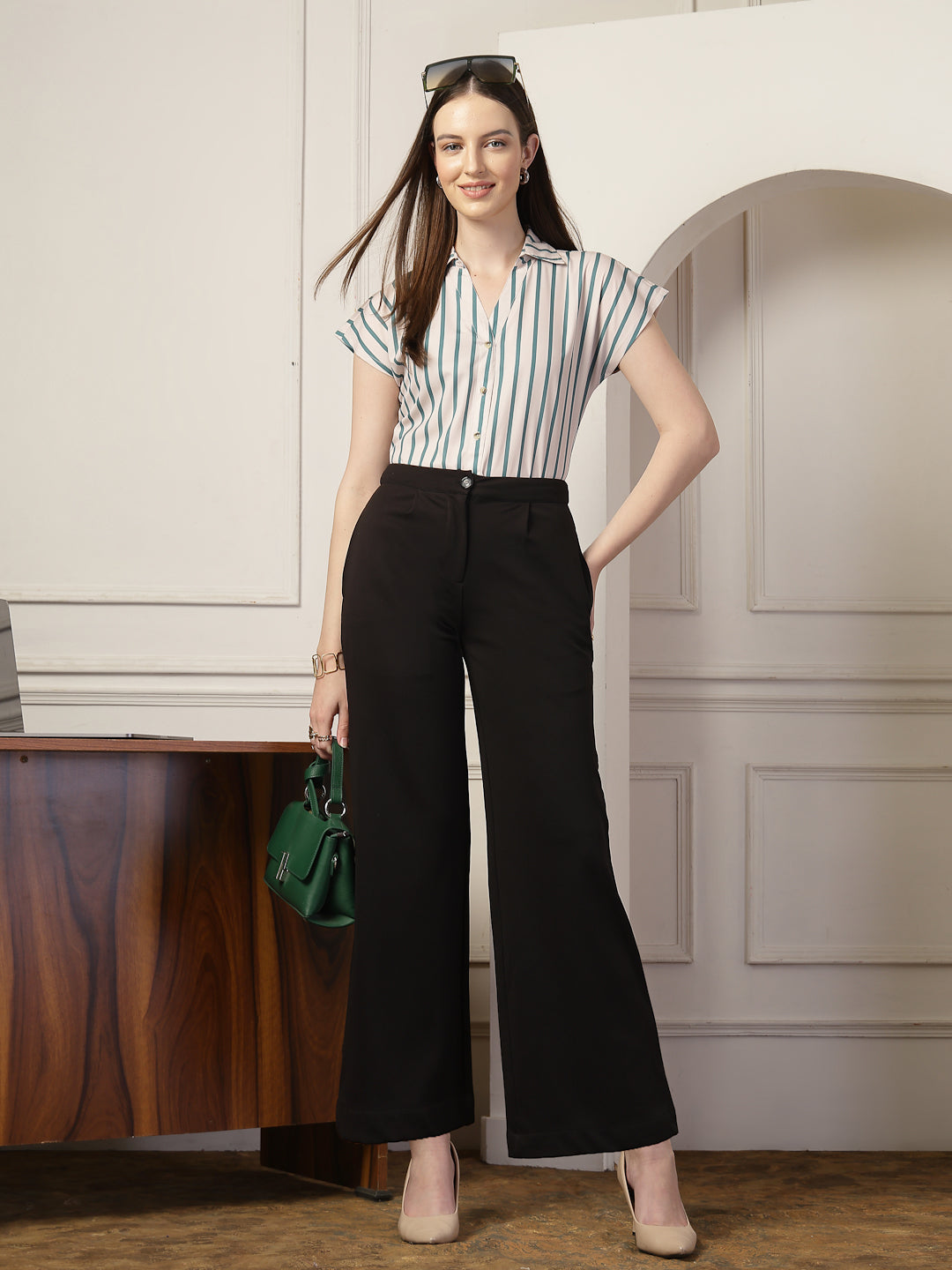 Style Quotient Women Beige And Teal Polycrepe  Regular Fit Formal Shirt