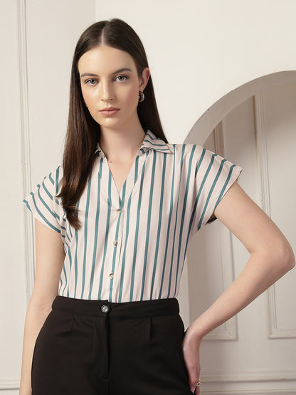 Style Quotient Women Beige And Teal Polycrepe  Regular Fit Formal Shirt