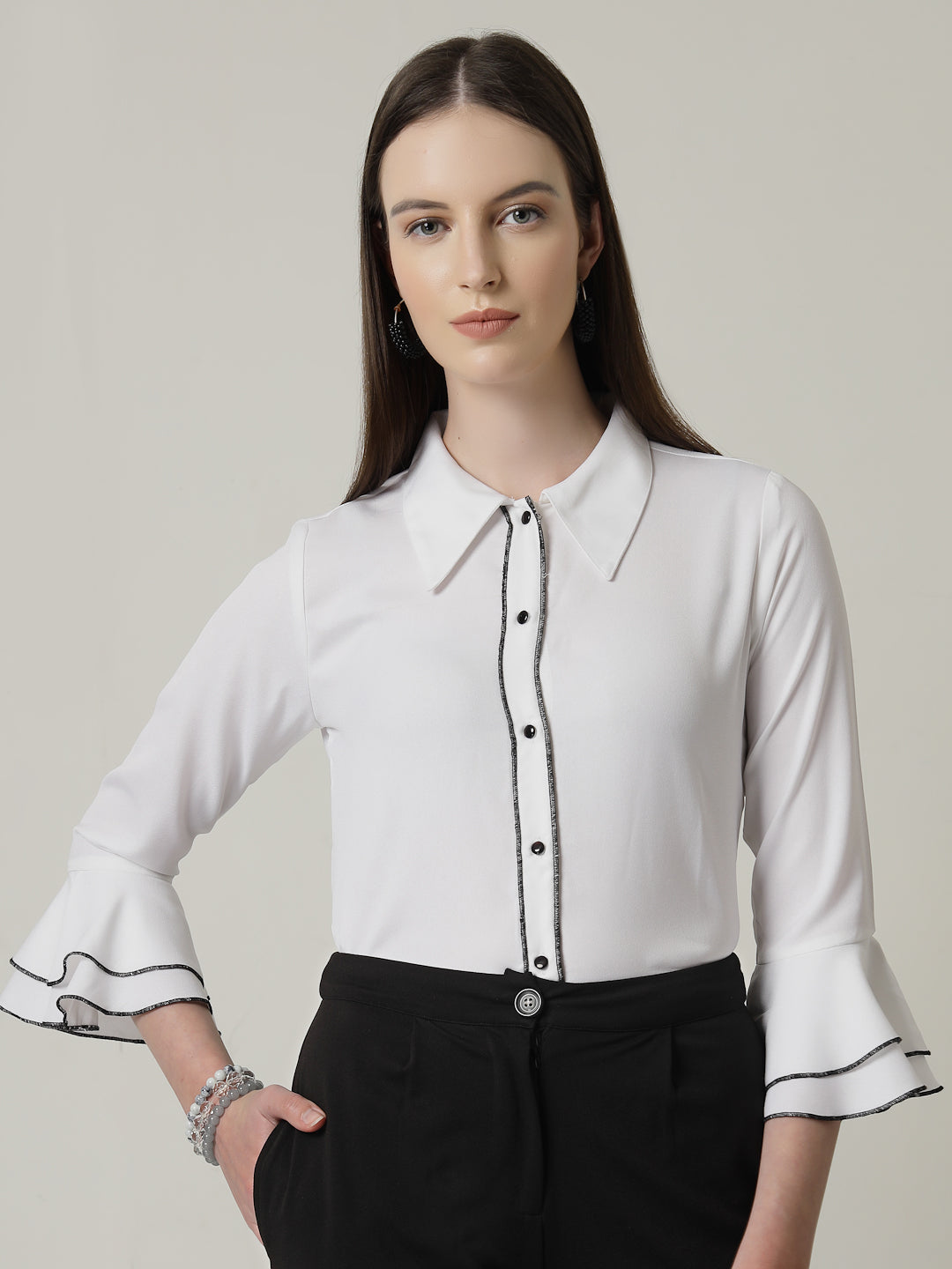 Style Quotient Women Solid White Regular Fit Polyester Bell Sleeve Formal Shirt