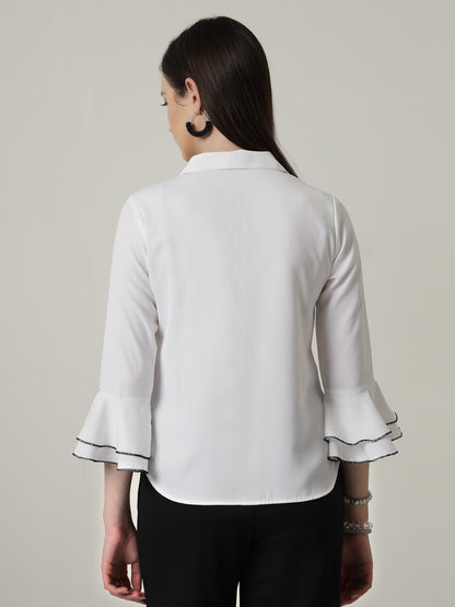 Style Quotient Women Solid White Regular Fit Polyester Bell Sleeve Formal Shirt