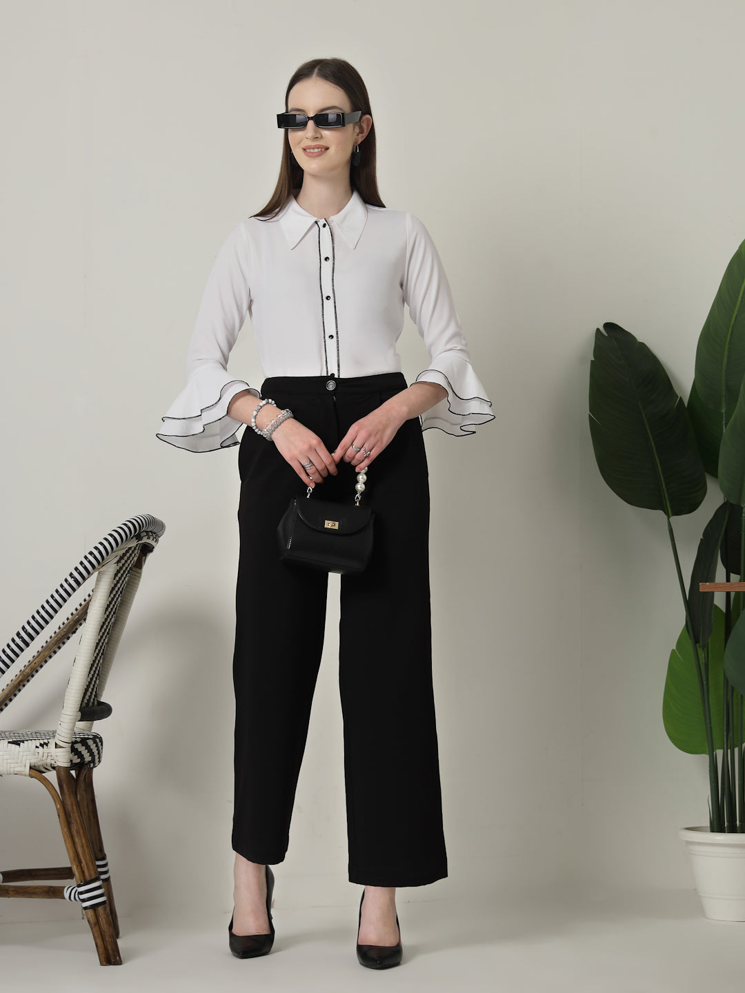 Style Quotient Women Solid White Regular Fit Polyester Bell Sleeve Formal Shirt