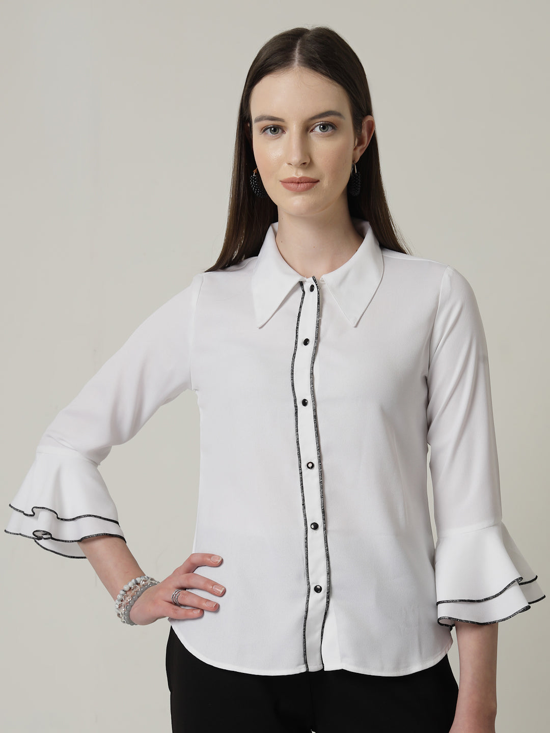 Style Quotient Women Solid White Regular Fit Polyester Bell Sleeve Formal Shirt