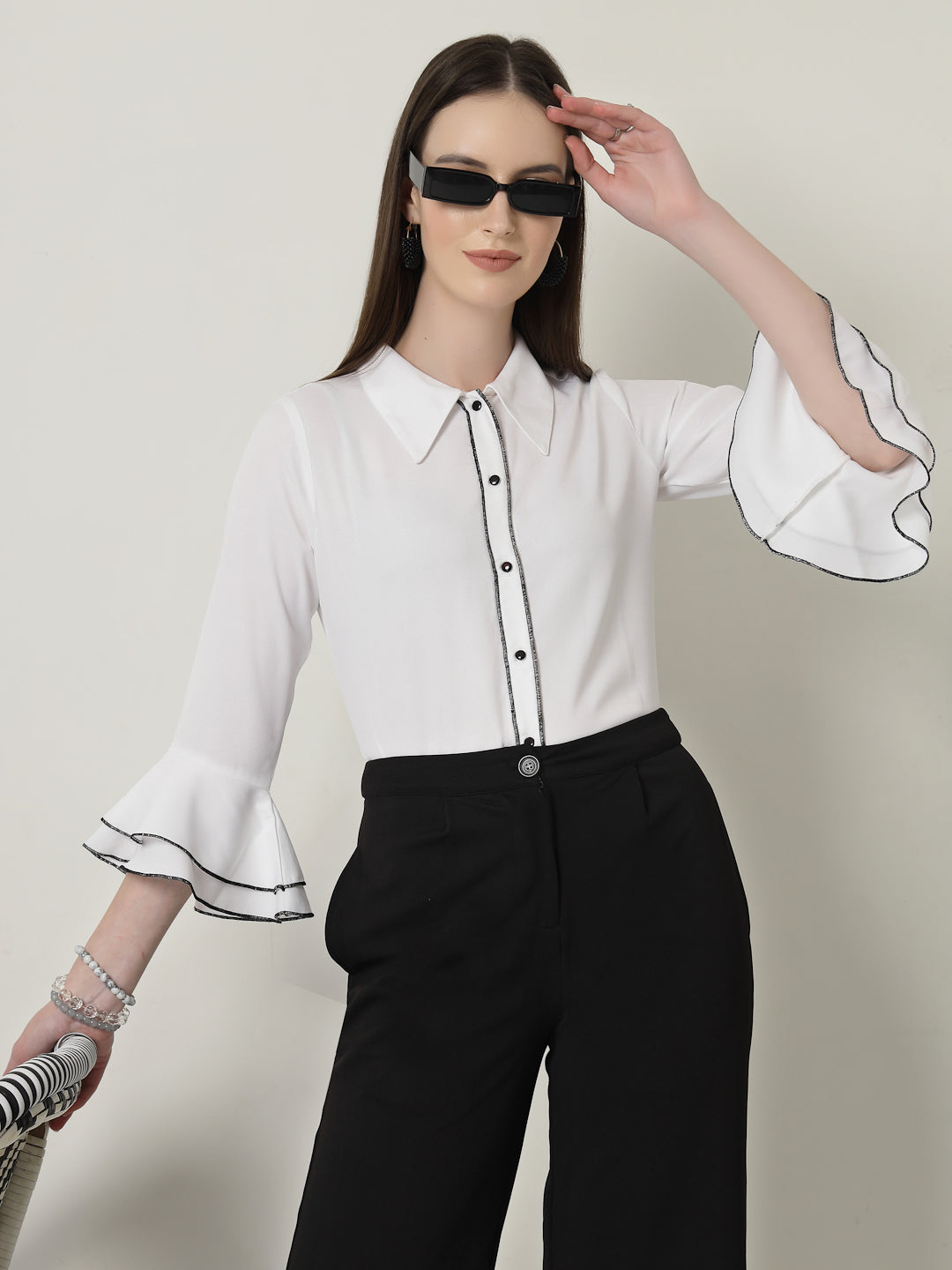 Style Quotient Women Solid White Regular Fit Polyester Bell Sleeve Formal Shirt