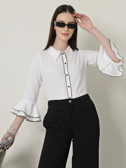 Style Quotient Women Solid White Regular Fit Polyester Bell Sleeve Formal Shirt